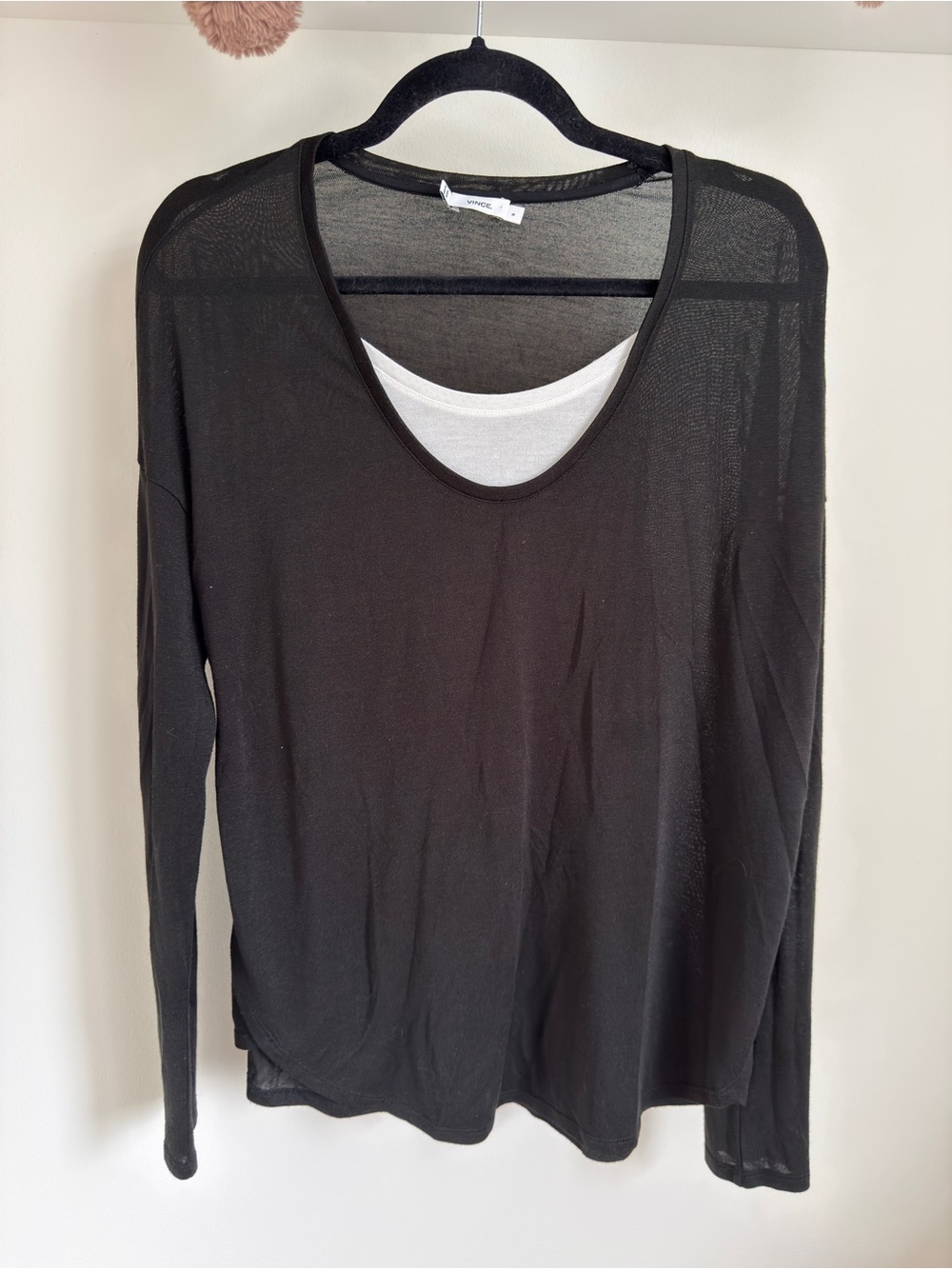 VINCE Black Sheer Layered Long Sleeve Top Size S